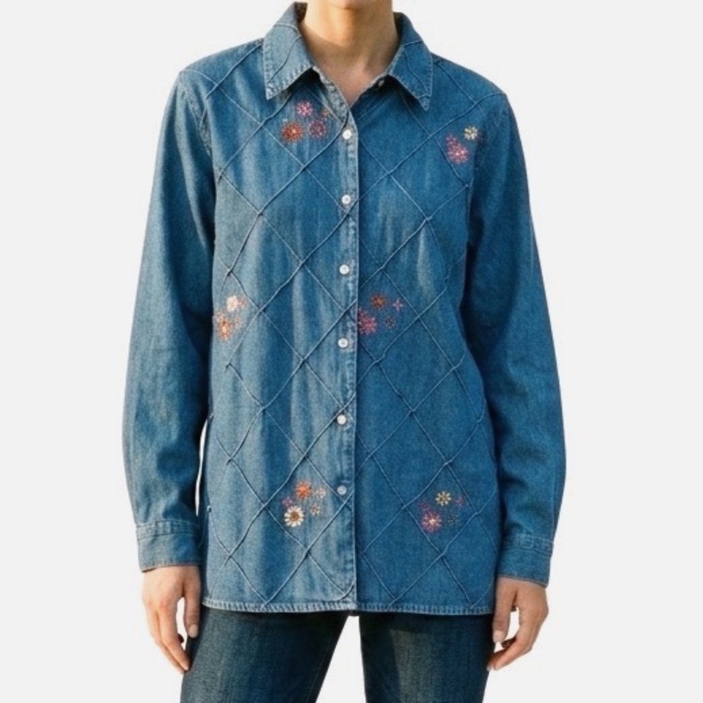 Denim Floral Embroidered 100% Cotton Quilted Diamond Pintuck Shirt Blue‎ Large